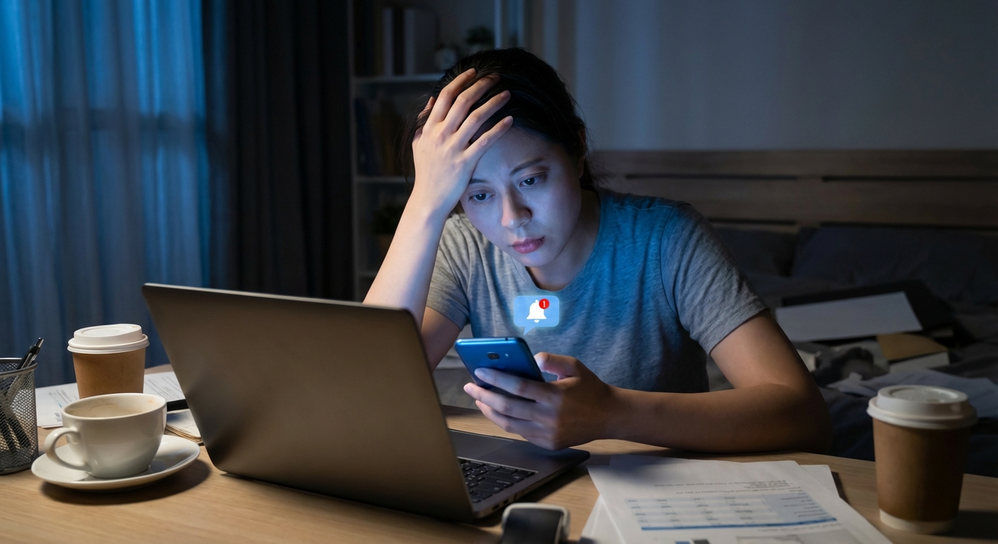 A striking visual of a skeleton at a laptop surrounded by notes and paper, symbolizing work burnout.
