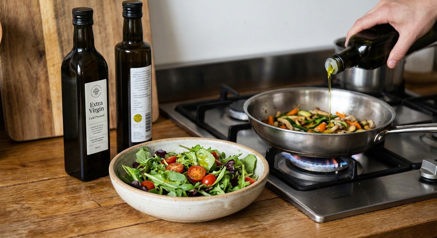Close-up of fresh green olives in a bowl with a bottle of olive oil on a textured surface.