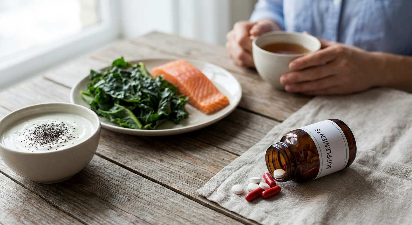 A variety of capsules and pills scattered on a marble surface, offering a modern healthcare concept.