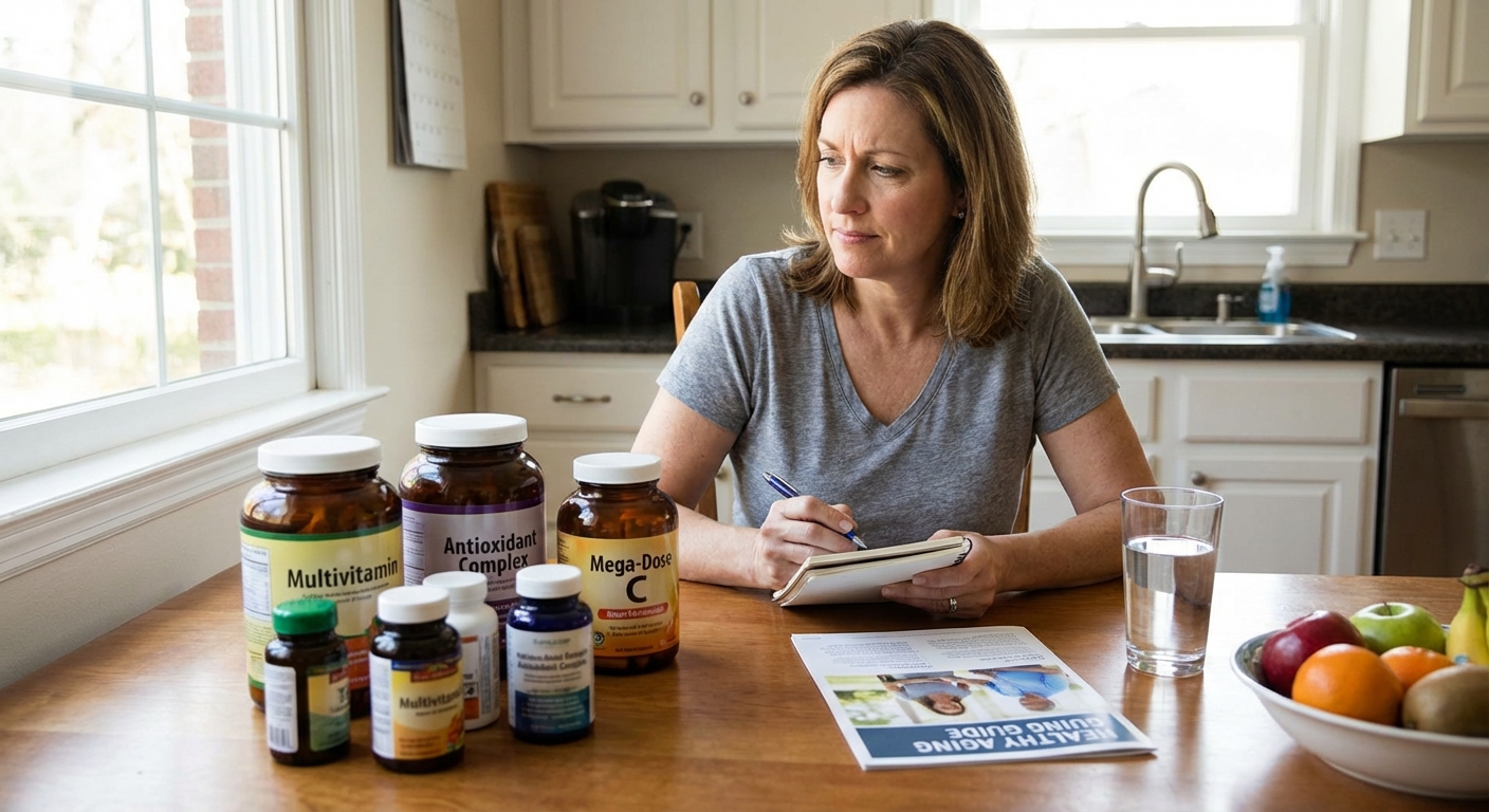 Variety of supplements and capsules scattered on a marble surface, suitable for healthcare themes.
