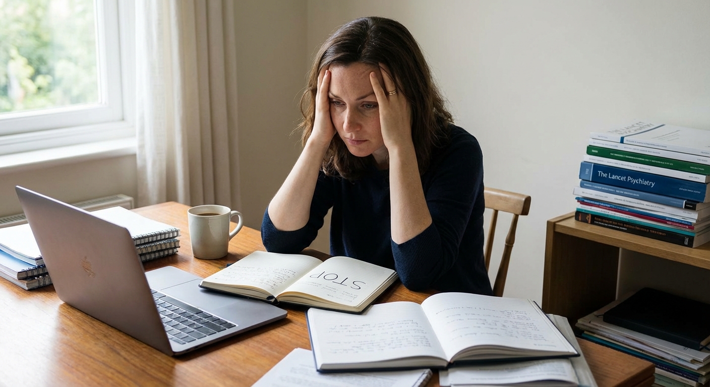 A conceptual image depicting burnout using pills and scrabble tiles on a black surface.