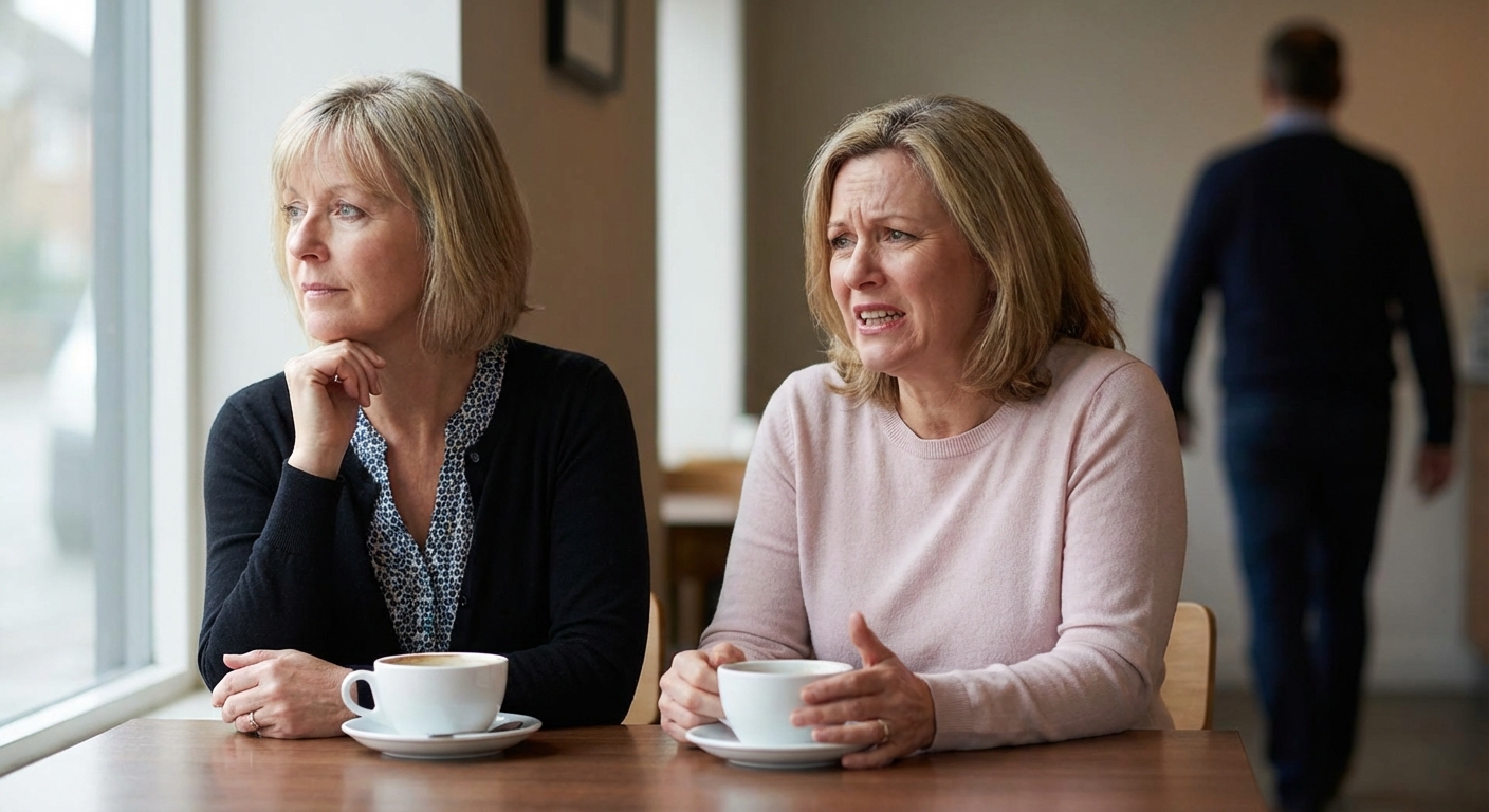 Two women engage in a heartfelt conversation, indoors, with candles creating a cozy atmosphere.