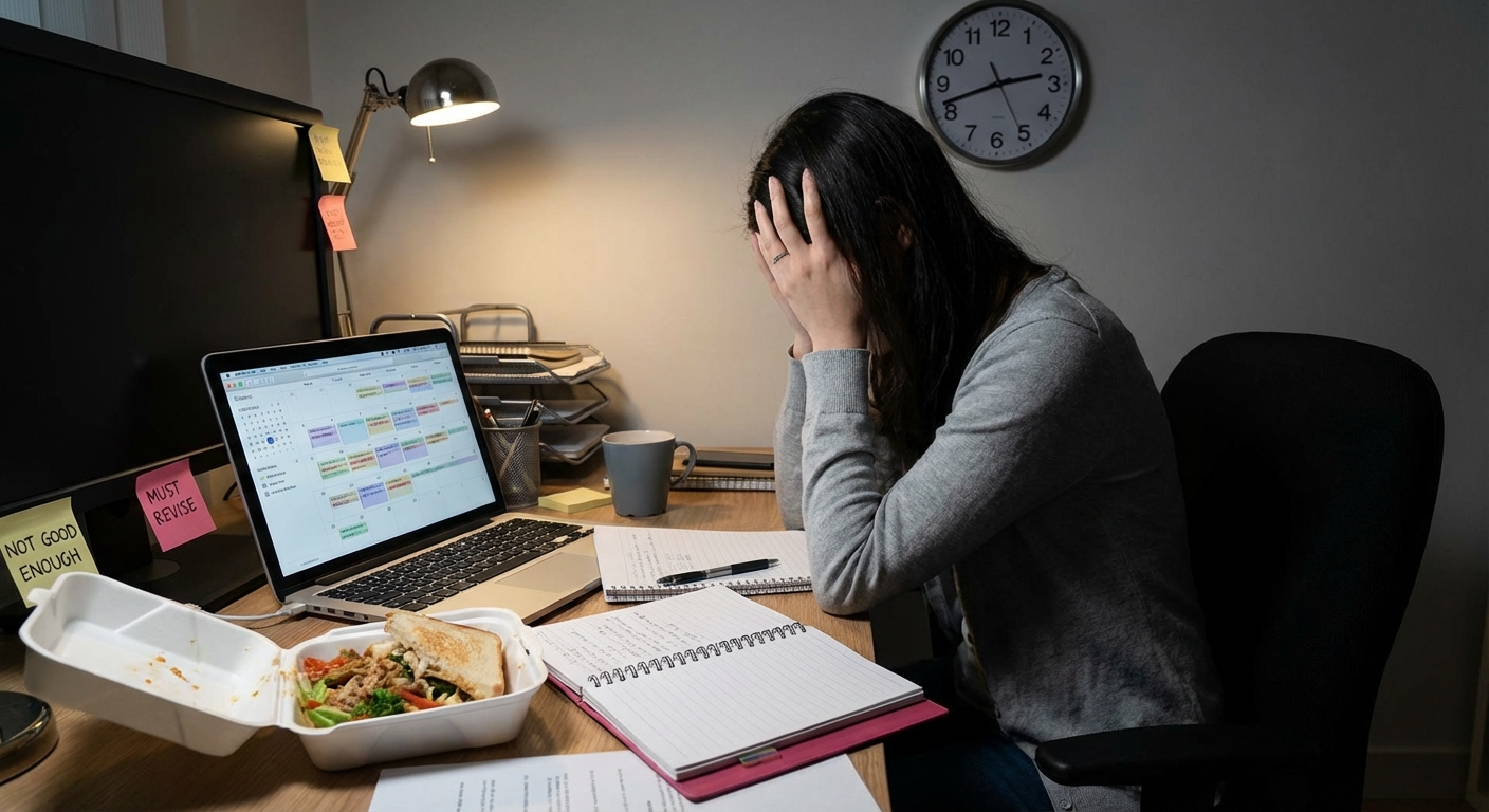 Conceptual image featuring 'Balance or Burnout' text with scattered white capsules.