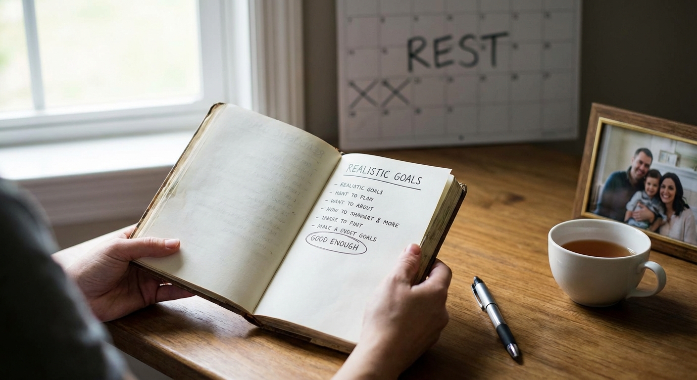 Hand holding paper with 'Balance or Burnout' text, promoting mental wellness.