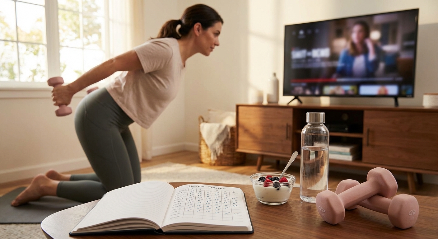 Woman doing tricep dips at home using a chair for support, promoting fitness indoors.