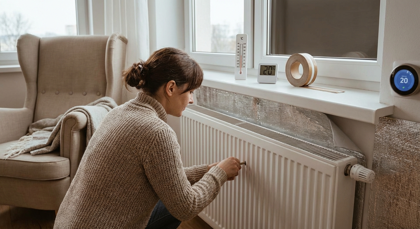 Comfortable home scene with coats on hooks and a cup on a radiator, evoking warmth.