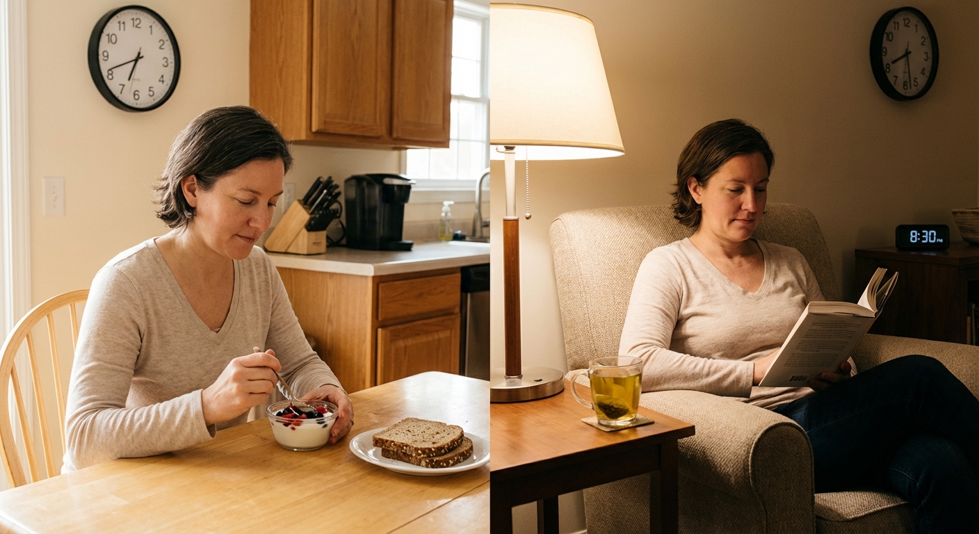 A senior woman performing a yoga pose indoors, embodying health and mindfulness.