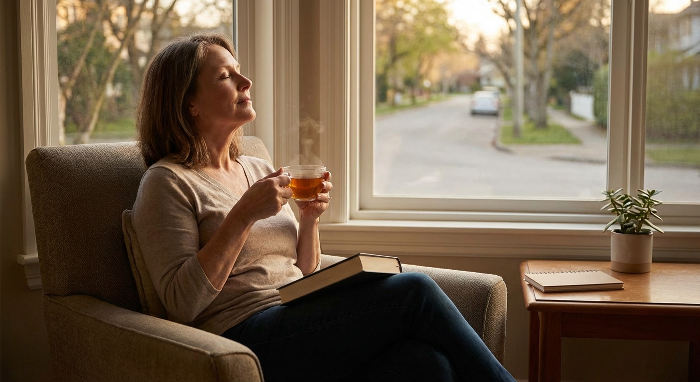 Two senior adults performing yoga stretches in a cozy living room setting.