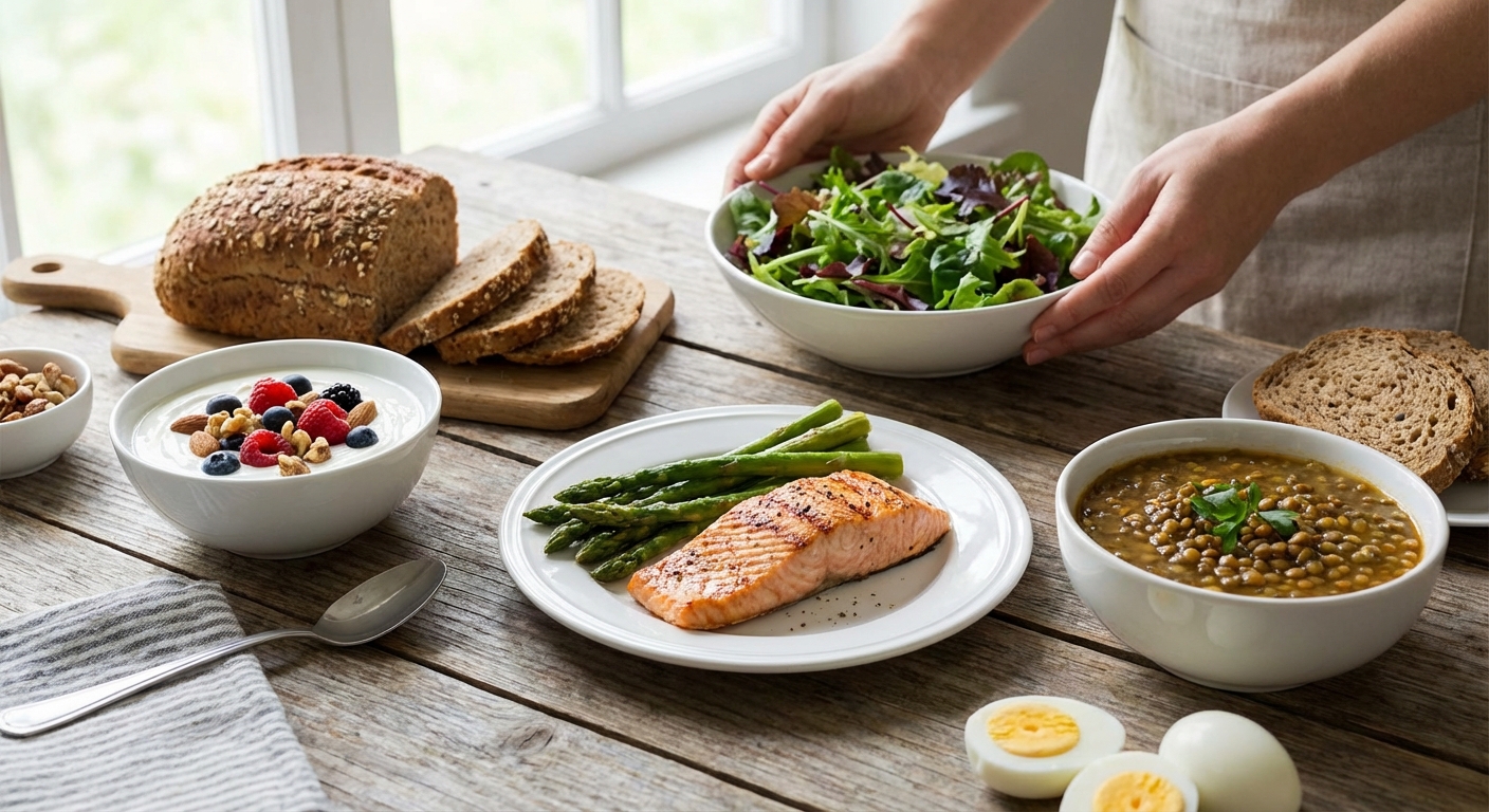 Close-up of hands holding a vegan breakfast bowl with nuts and berries, perfect for a healthy start.