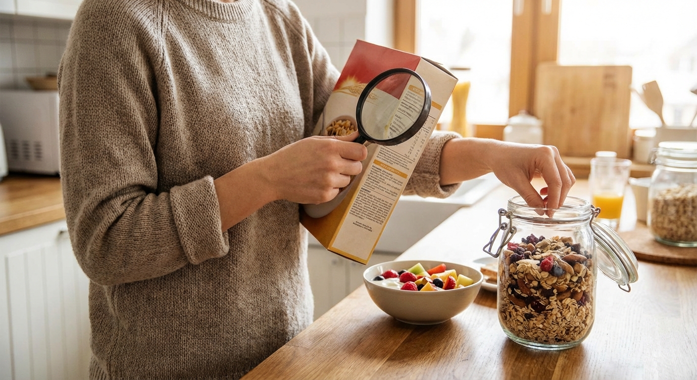 Close-up of homemade granola with oats and raisins, showcasing a healthy snack option.