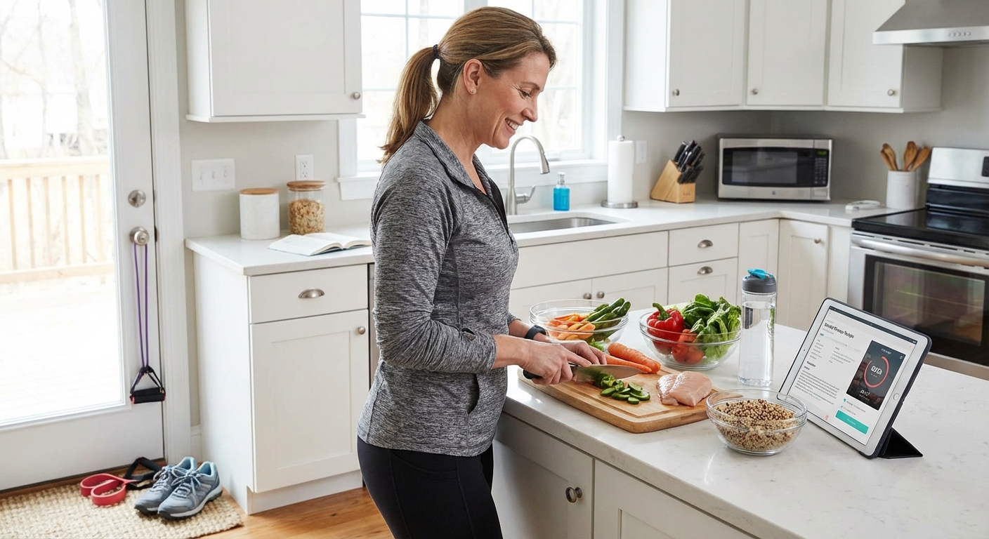 Two women exercising with gym equipment, promoting fitness and wellness indoors.