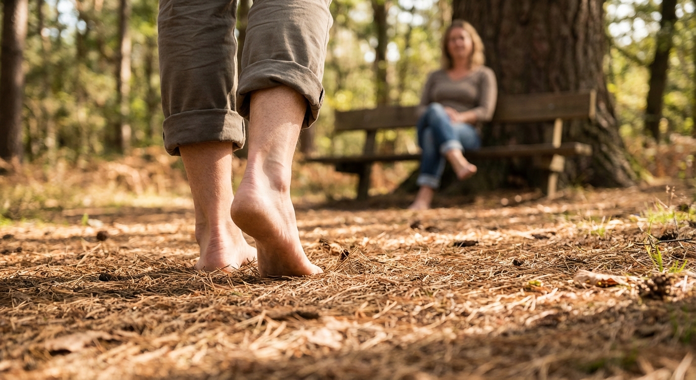 Close-up of adult bare feet on a neutral grey background, focused on walking.