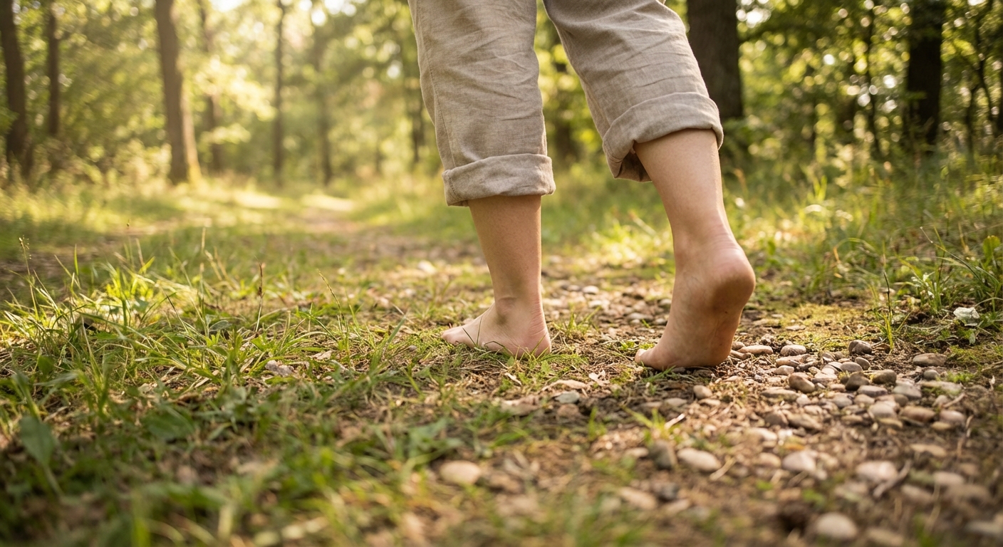Close-up of a barefoot person stepping into converse sneakers on grass in summer.