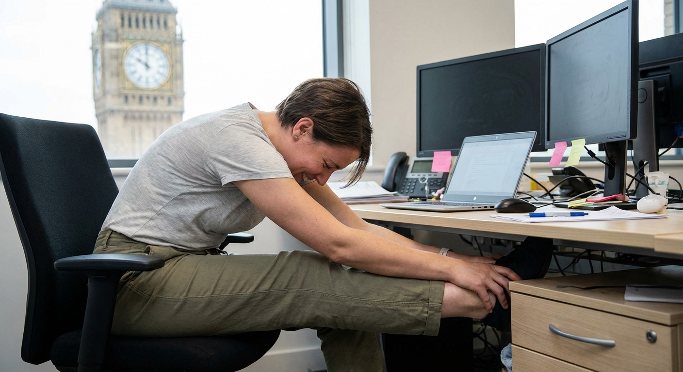 Woman in athletic attire holding her back outside, indicating discomfort or pain.
