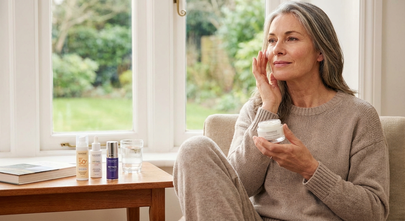 Portrait of a stylish senior woman with white hair in a relaxed pose.
