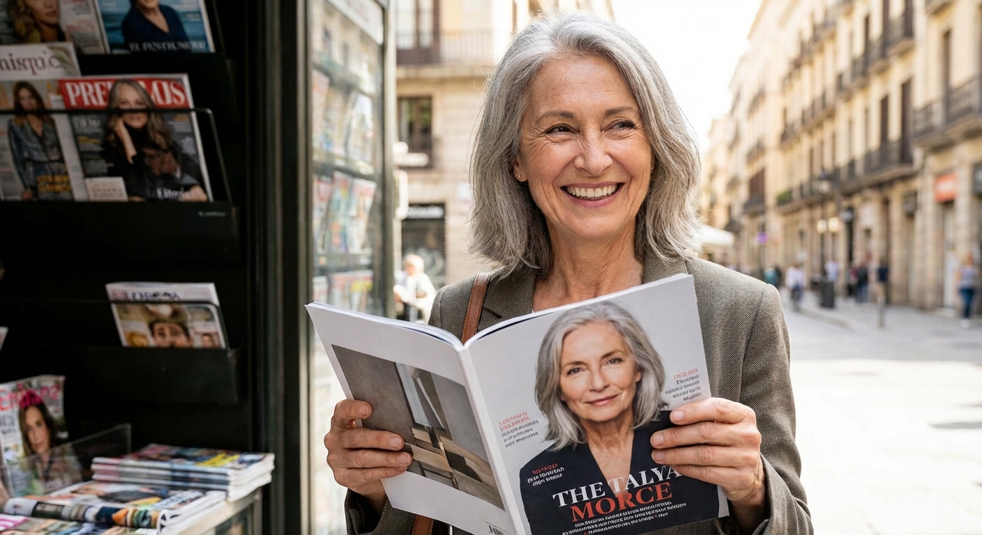 Close-up of a stylish senior woman with glasses in soft light.