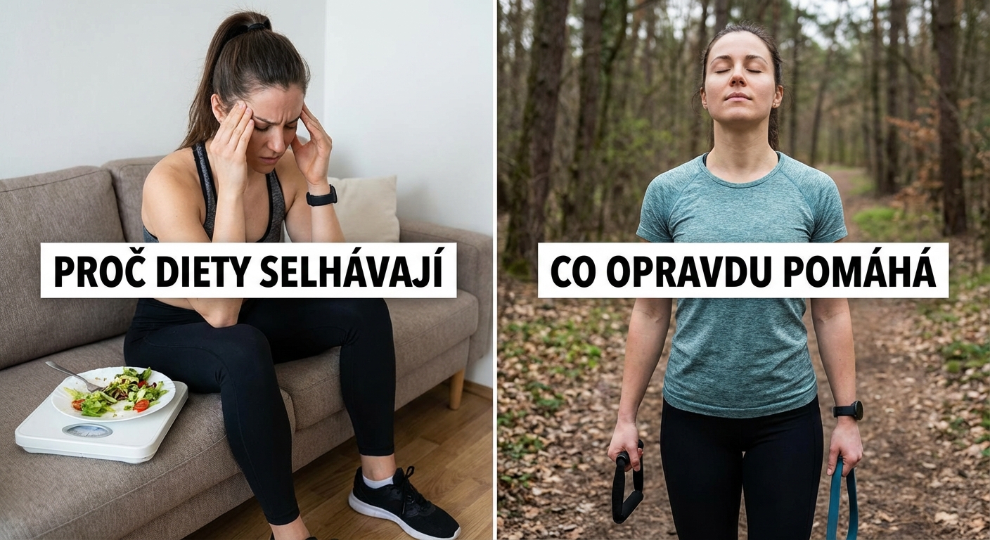 A woman shows her weight loss by holding oversized jeans revealing her toned stomach.