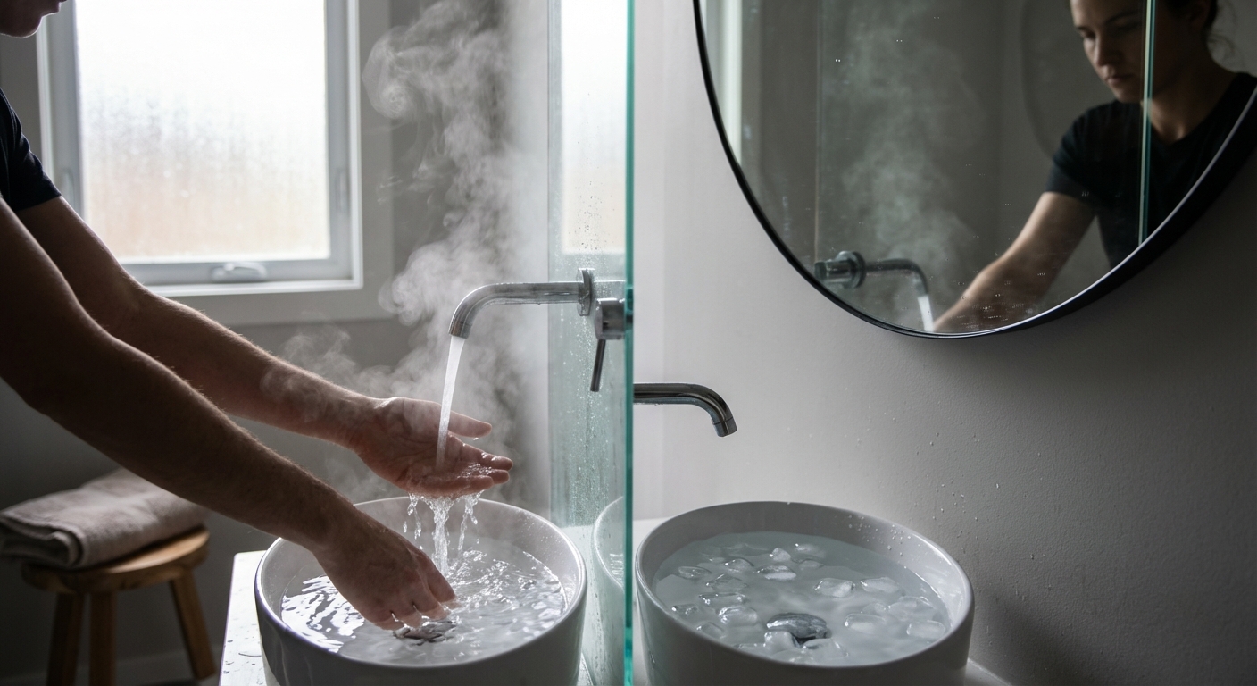 A woman wrapped in a towel stands in a modern marble bathroom after a shower.