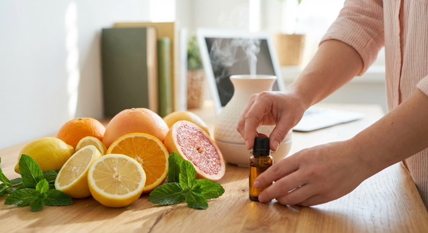 A tray with essential oils, a diffuser, and a towel for a relaxing spa ambiance.