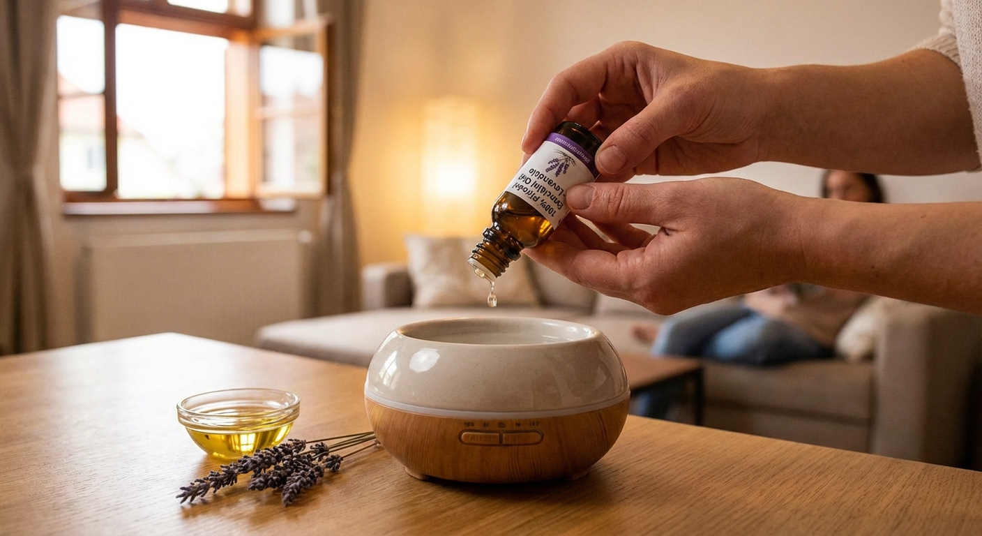 Green Mandarin essential oil bottle in a modern setting with a diffuser and books.