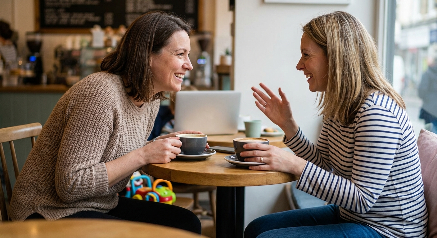 Two friends support each other over coffee, offering comfort and companionship.