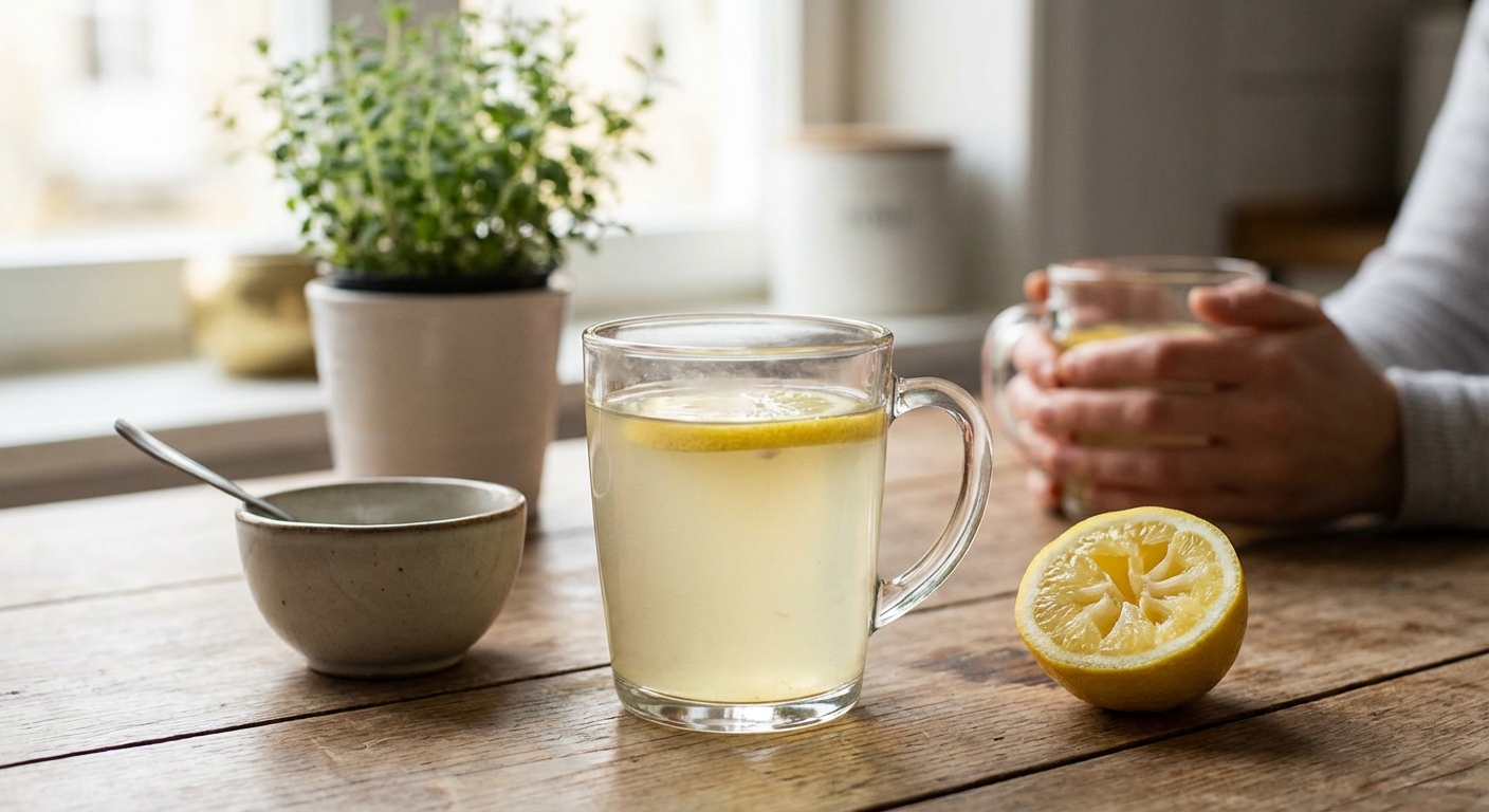 A hand holding a lemon-flavored vitamin drink bottle outdoors in sunlight.