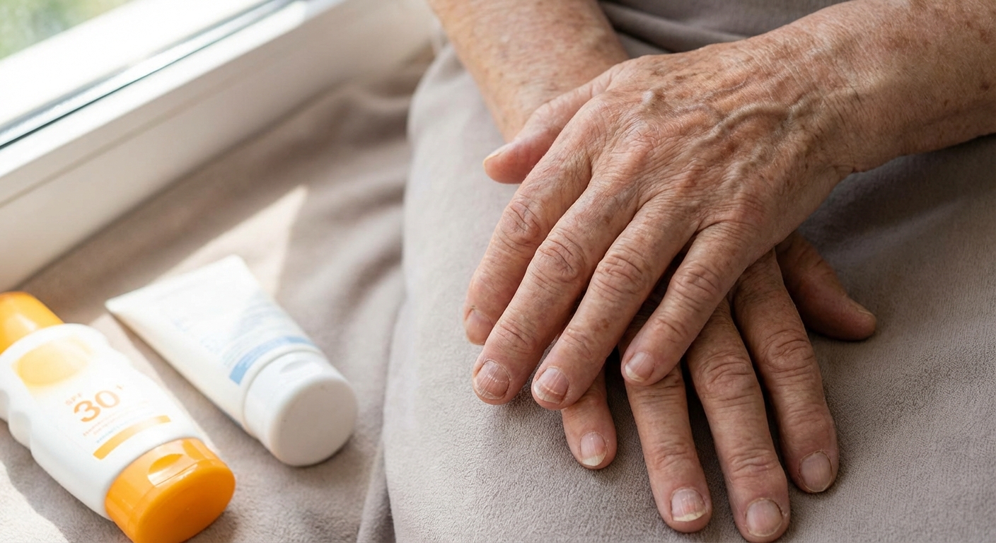 Close-up of senior woman's hands with red nails under drying lamp in salon.