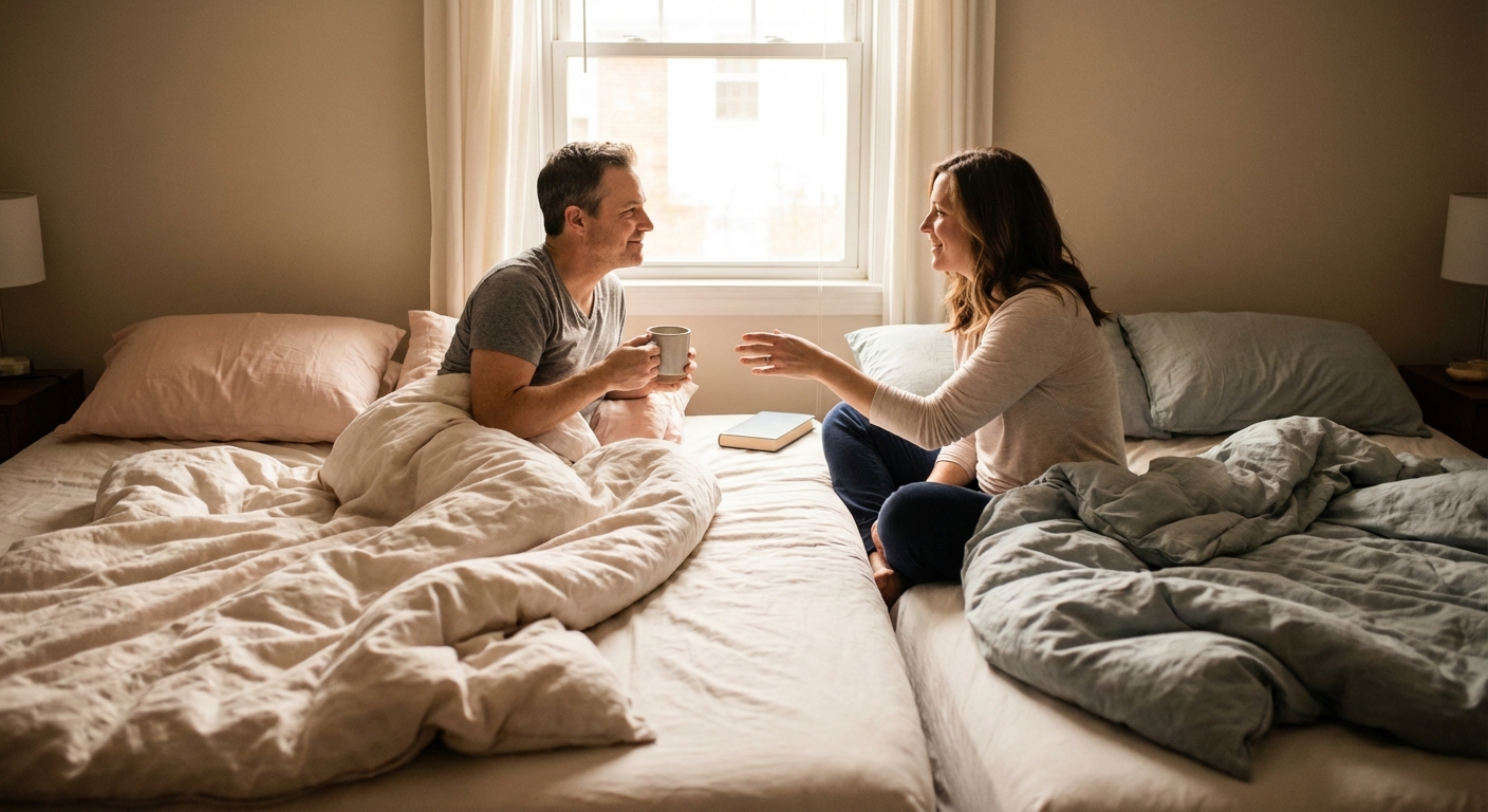 Top view of a couple's feet intertwined in bed, conveying comfort and relaxation.