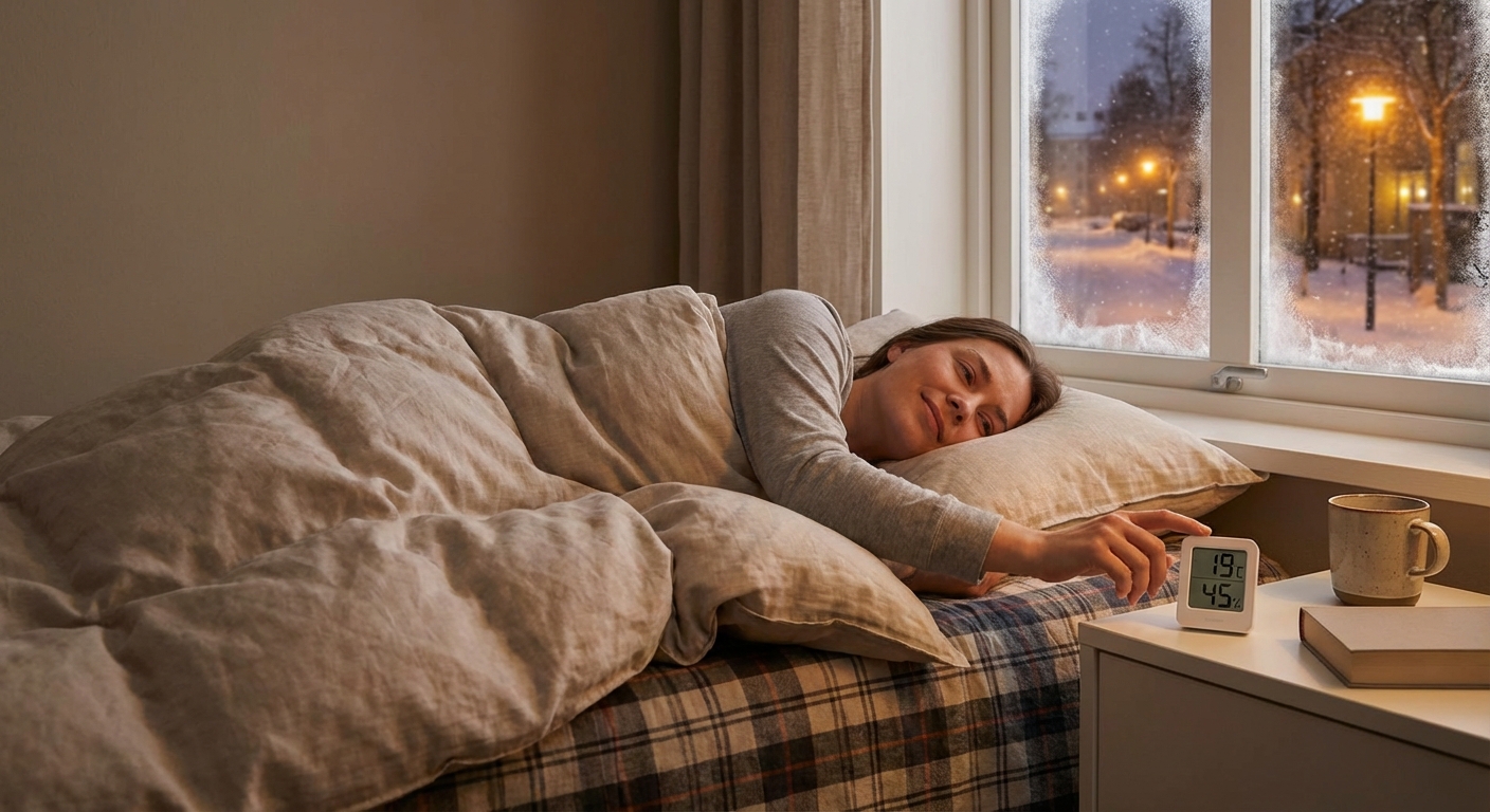 A man sleeping peacefully under a white blanket in a cozy bedroom.