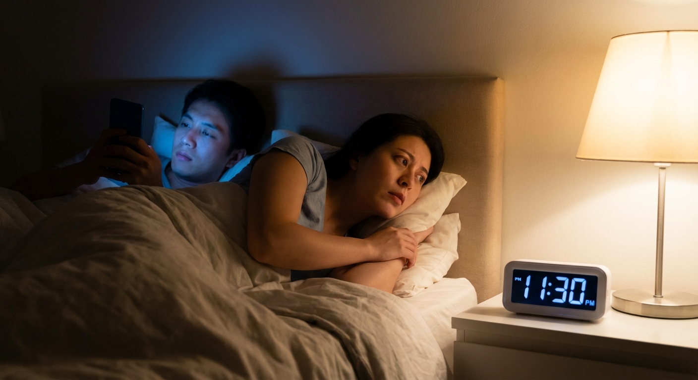 A couple in bed using smartphones, highlighting digital age connectivity or isolation.