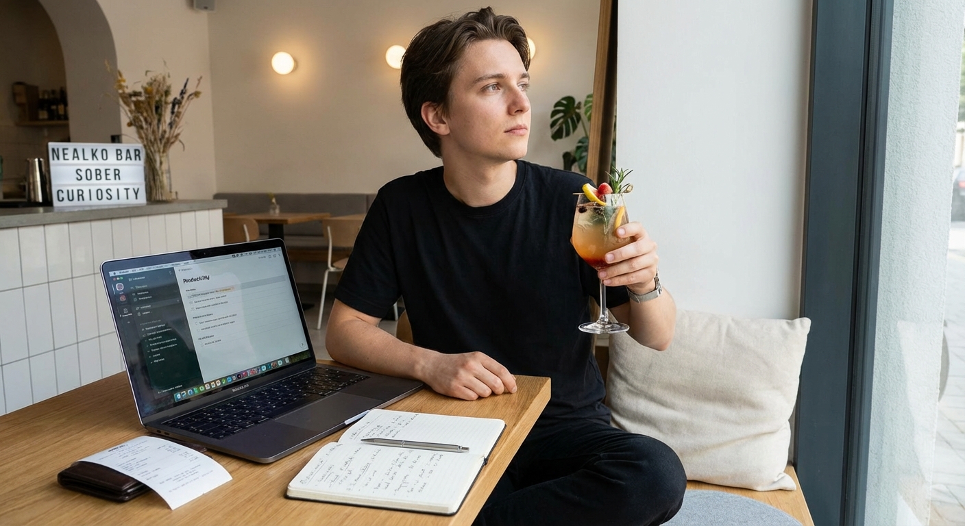 A woman with a red kerchief rejects a glass of alcohol, symbolizing sobriety or refusal.