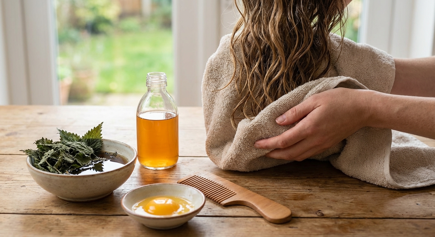 A detailed image showing a close-up of red hair being held by delicate hands against a neutral background.