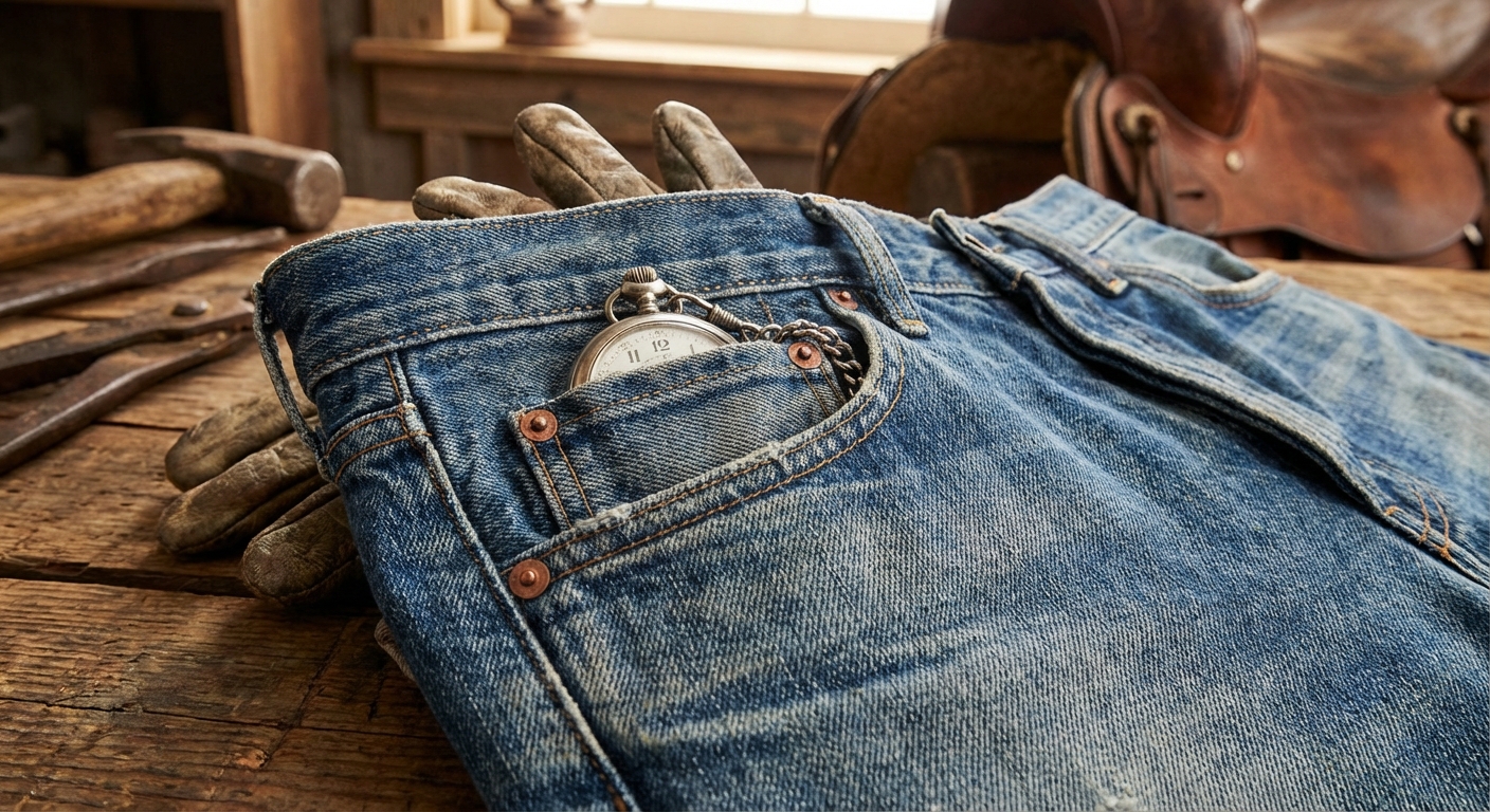 Close-up image of a red heart nestled in a blue denim jean pocket, symbolizing love and fashion.
