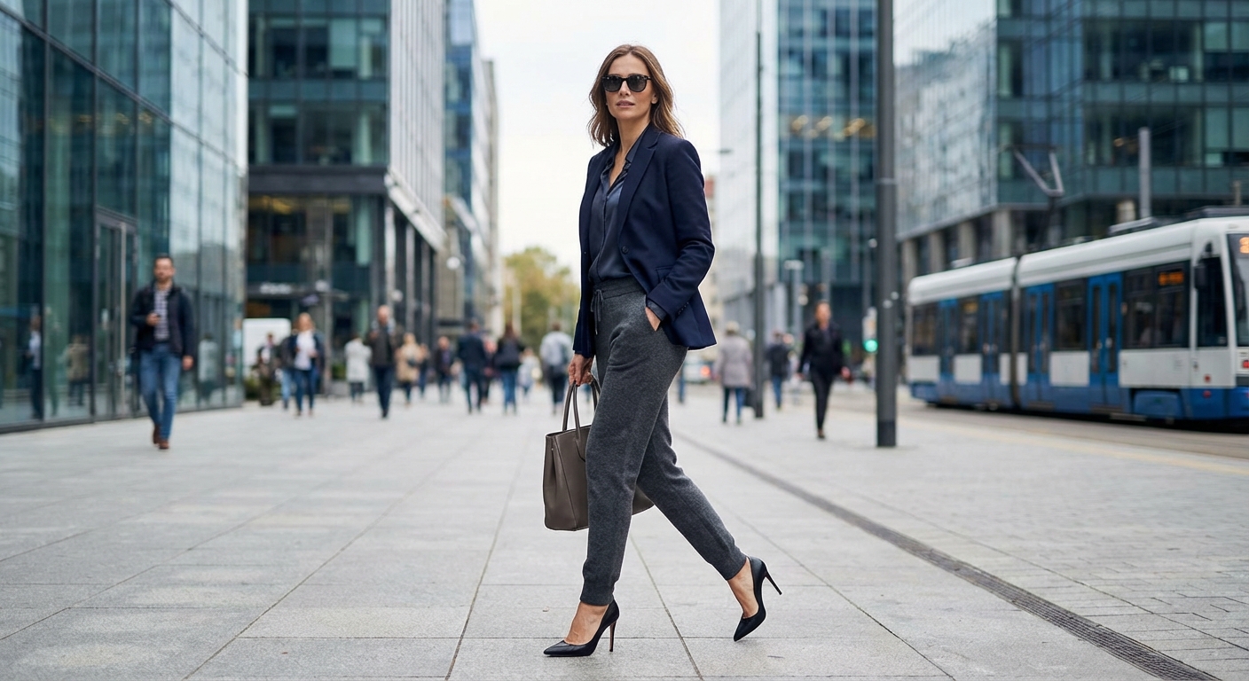 Woman standing outdoors with a prosthetic arm, wearing a white sweater and brown pants, showcasing confidence.