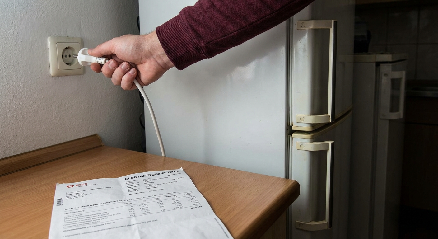 Back view of a blonde woman retrieving food from a refrigerator in a bright kitchen.
