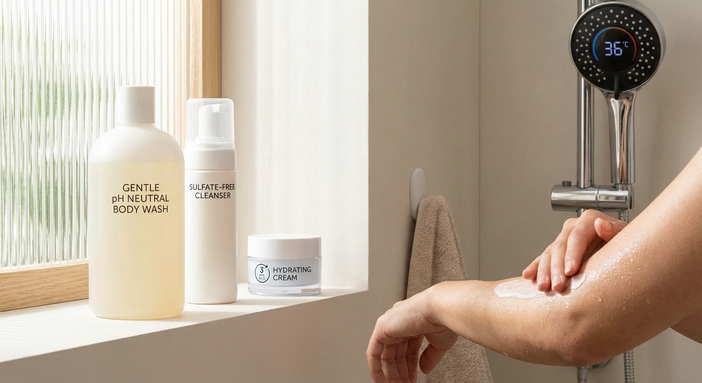 Close-up of a woman applying sunscreen on her arm under a clear blue sky at the beach.