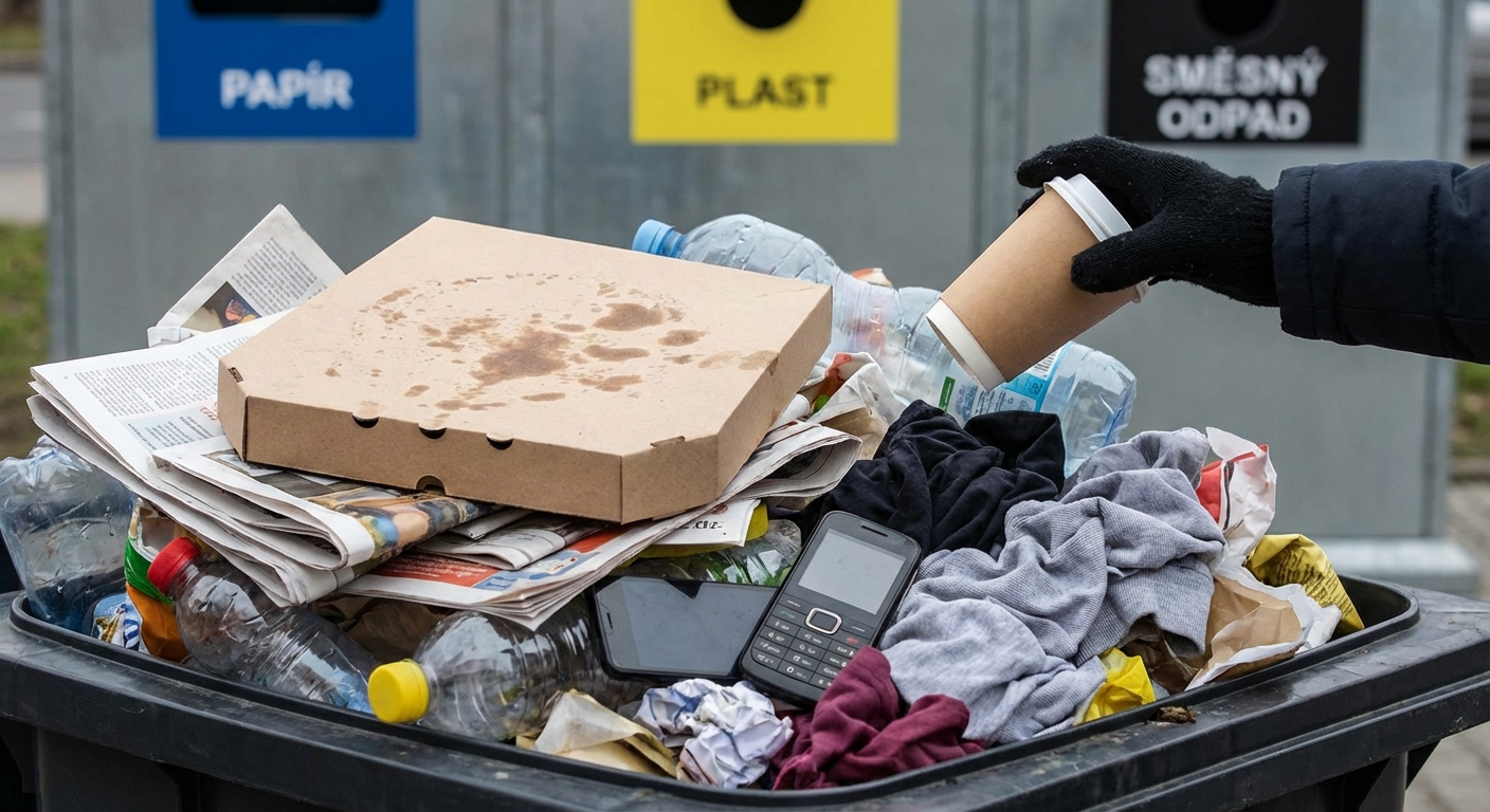 Four recycling bins for glass, packaging, paper, and organic waste outdoors.