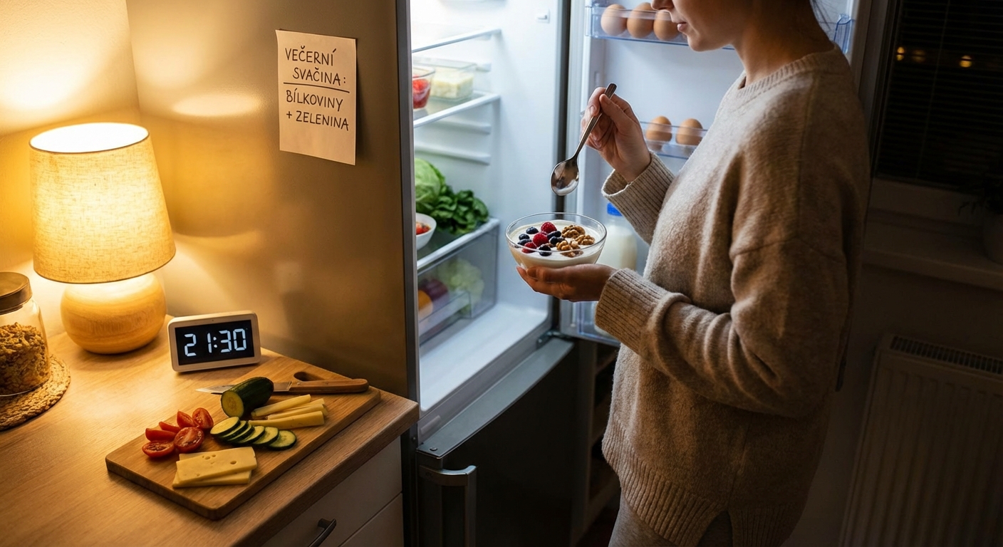 Woman in sleepwear resting next to an open fridge, with a serene smile and a bottle of water.