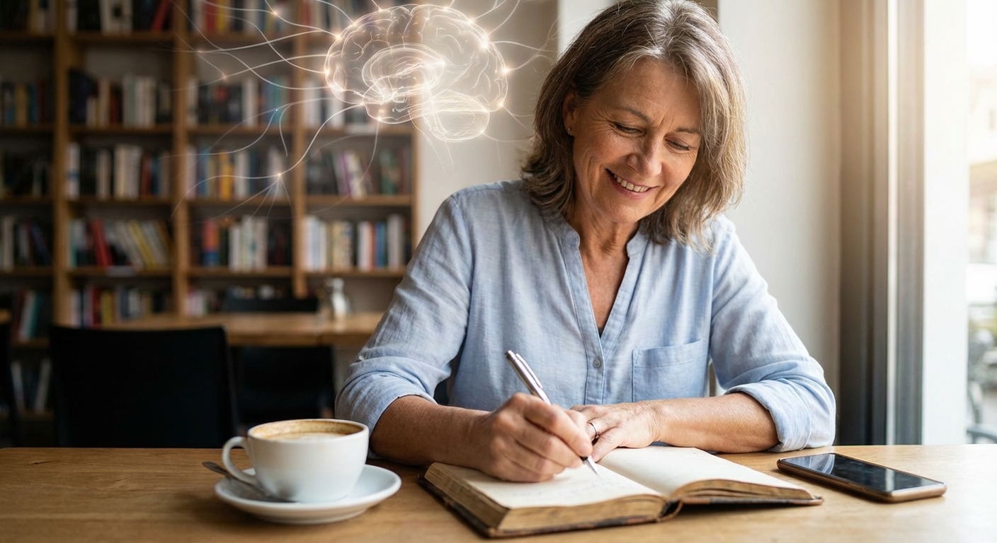A man praying indoors at a table with a warm, comforting atmosphere.