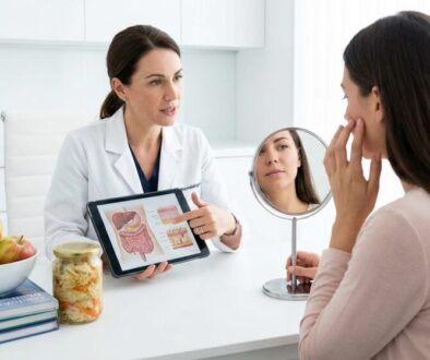 Close-up of a woman performing a facial massage with a gua sha tool for skincare and self-care.