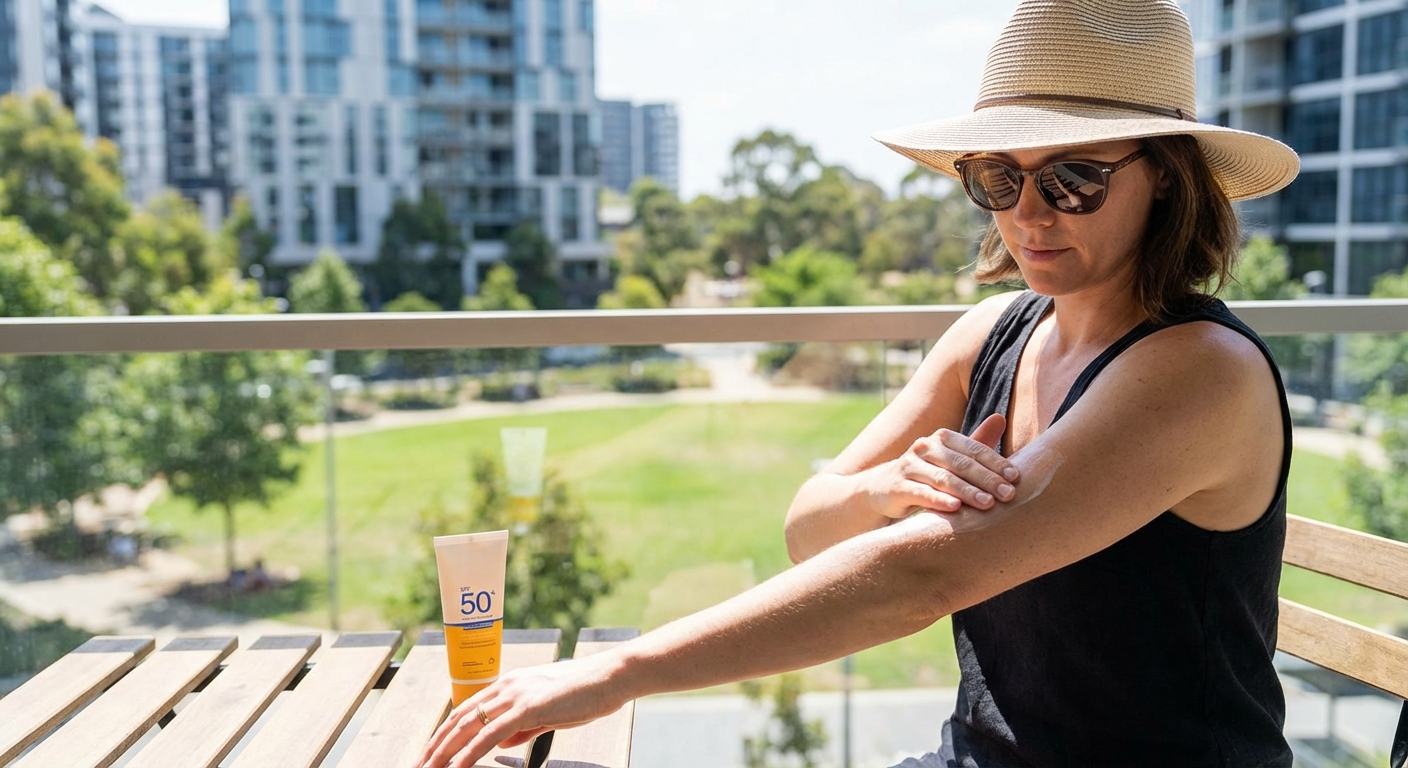 Black text and ribbon promoting skin cancer awareness with a sunscreen message.