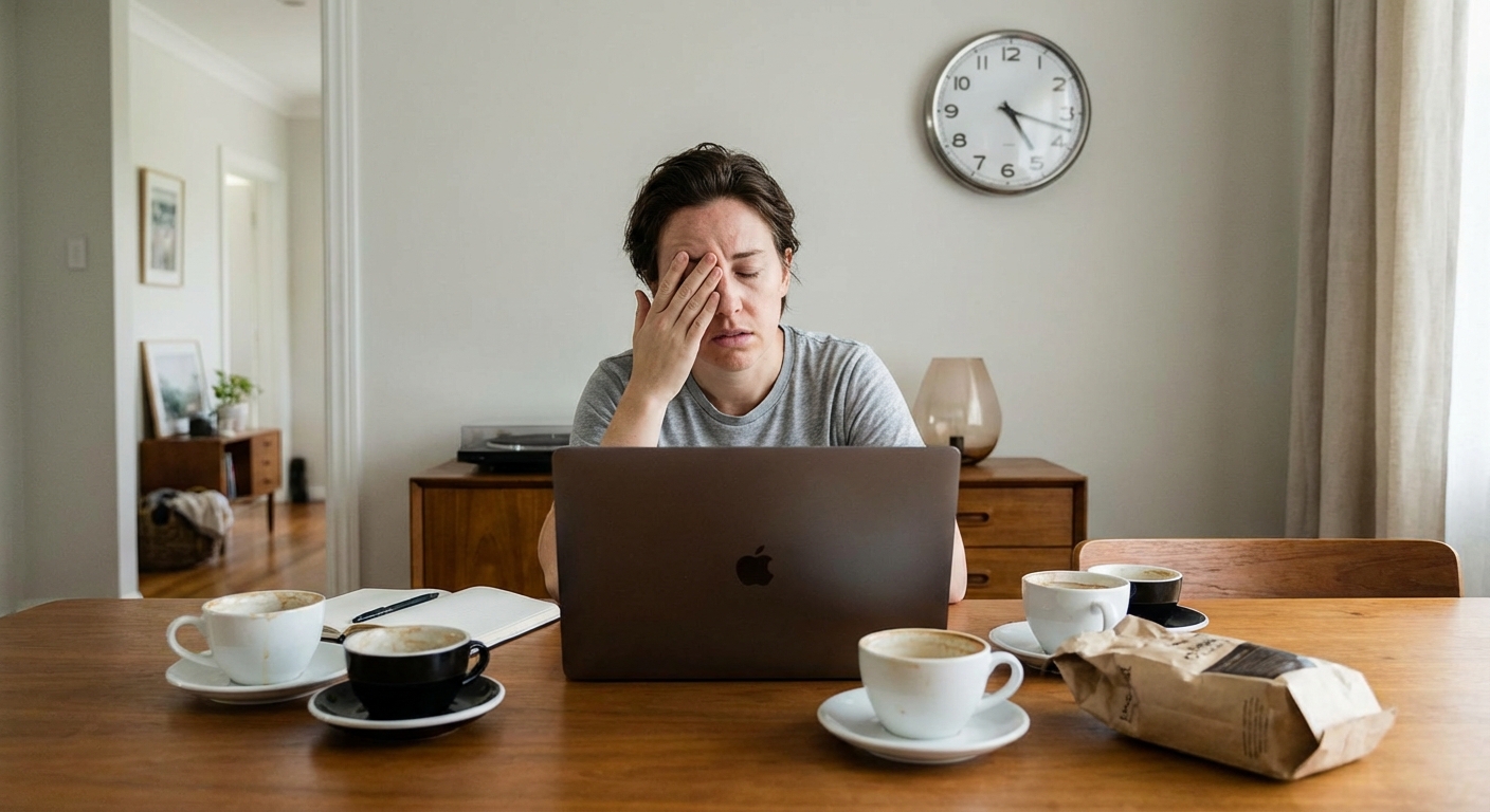 Young woman showing stress with laptop and phone at desk, embodying digital exhaustion.