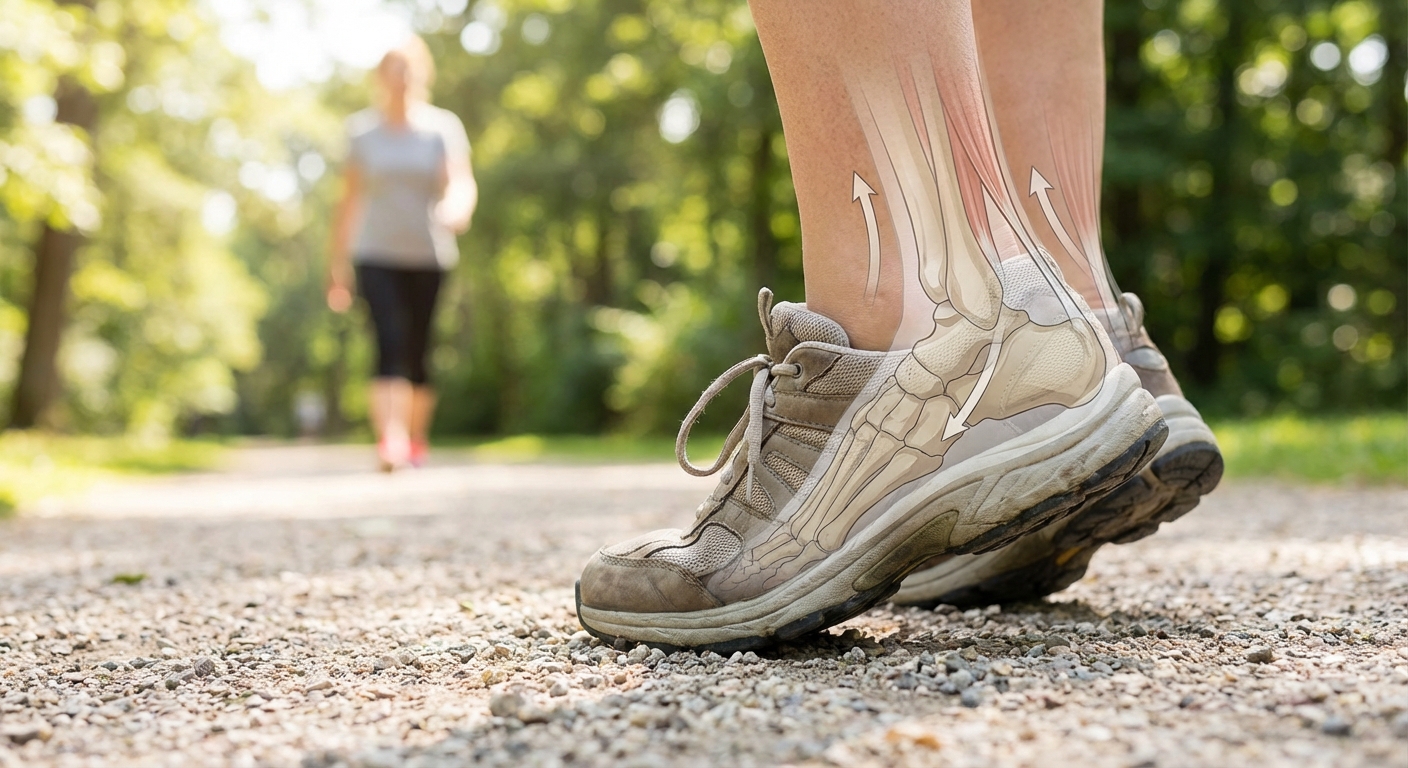 Close-up of legs wearing white sneakers walking on a sunlit path outdoors.