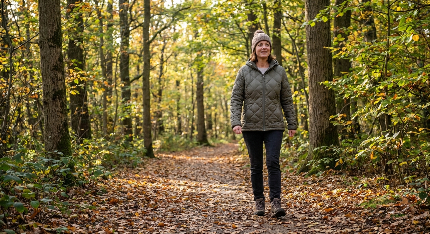 A smiling woman in activewear walks energetically on a sunny street, showcasing urban lifestyle.