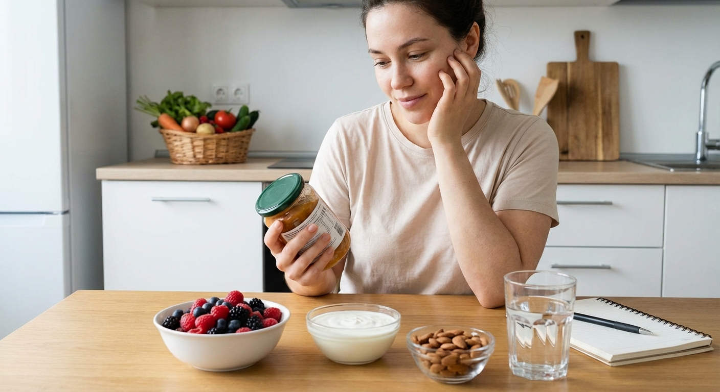 A woman shows her weight loss by holding oversized jeans revealing her toned stomach.