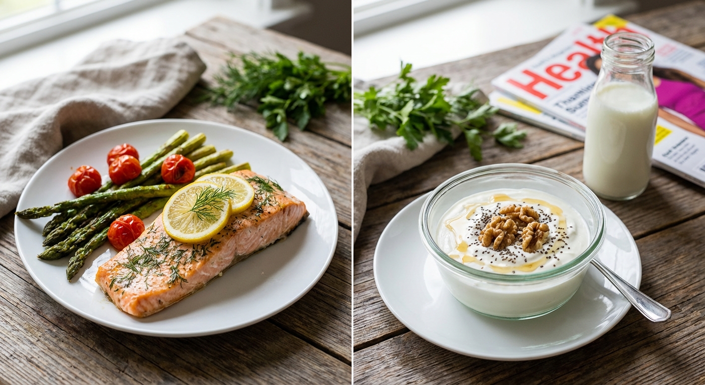Top view of various grains, legumes, and spices in bowls and jars on a white table.