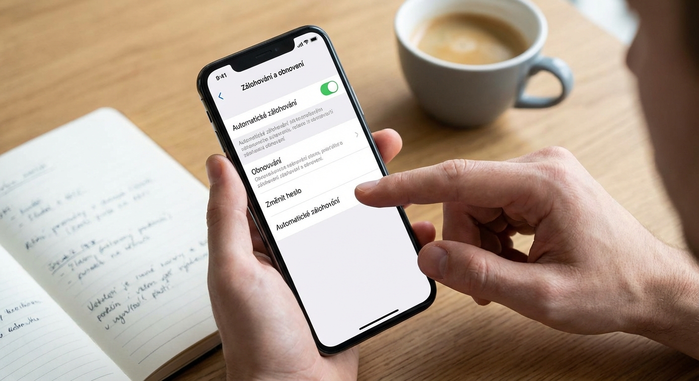 Close-up of hand unlocking a smartphone next to a cup of tea on a wooden table, emphasizing technology and security.