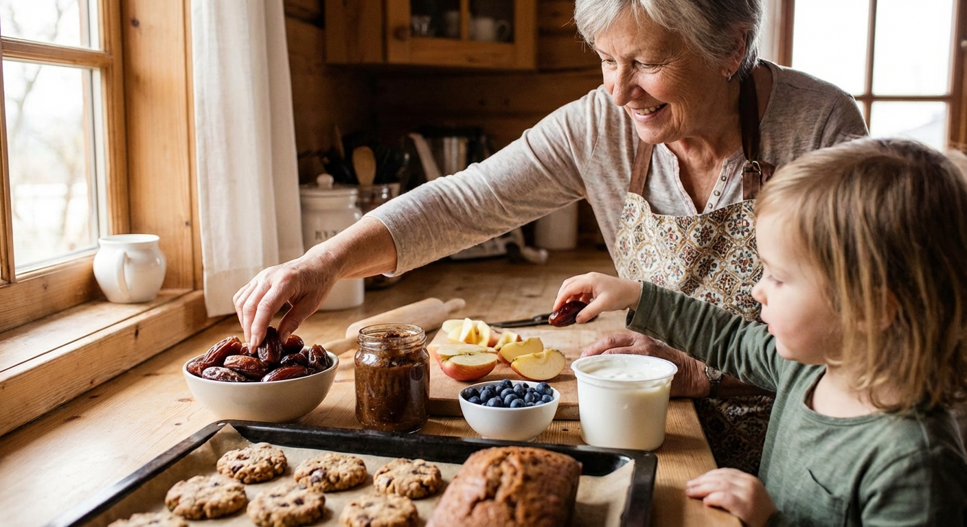 Close-up of a plum crumble tart with red currants, dusted with powdered sugar.