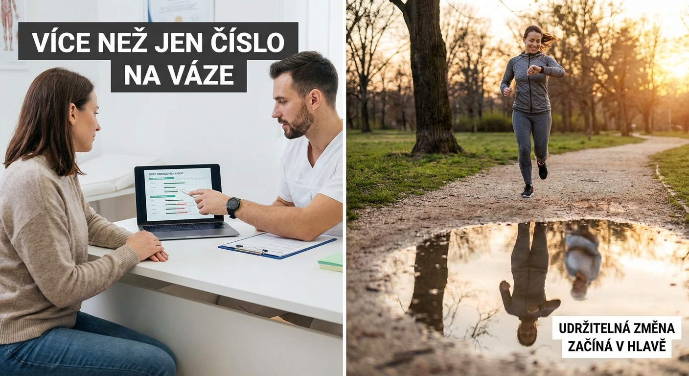 A woman shows her weight loss by holding oversized jeans revealing her toned stomach.