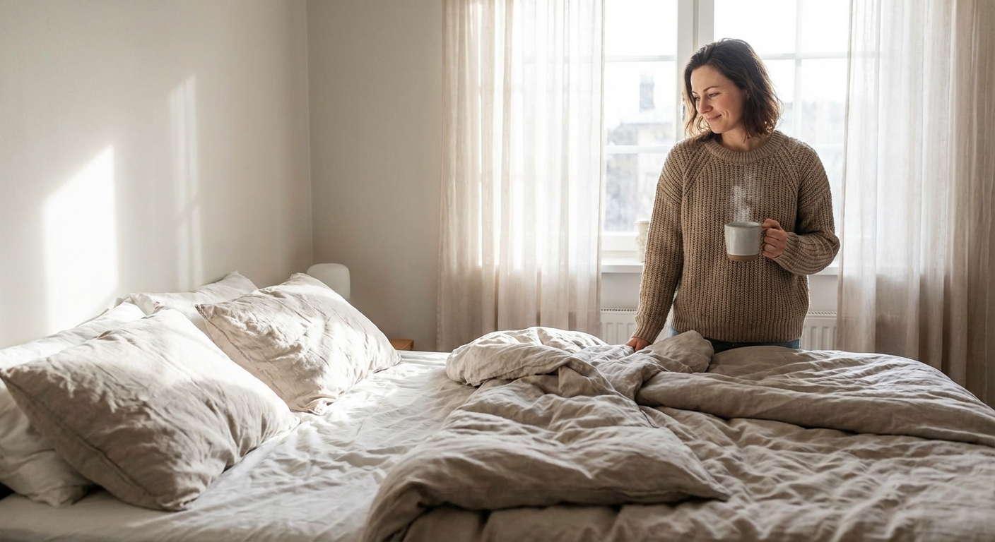 A serene image of white bedding with gentle shadows and two pillows, creating a calm atmosphere.